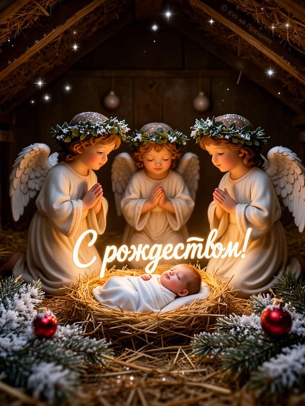 Три ангела в хлеву на рождество младенец и ёлки с игрушками