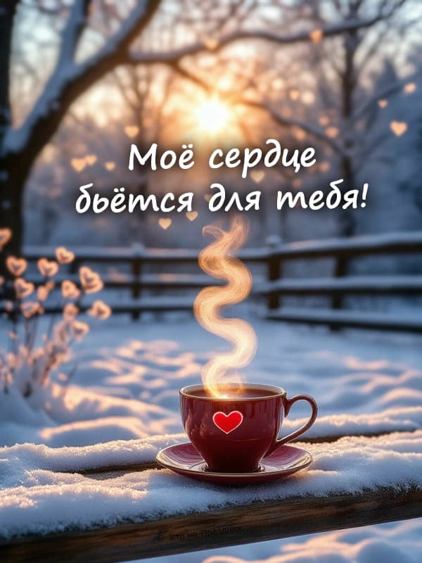 Зимний пейзаж кружка красного цвета с сердцем идёт пар на улице