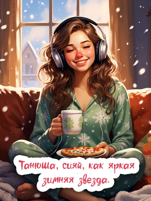 Карикатура девушка в наушниках на диване ест пиццу день Тани