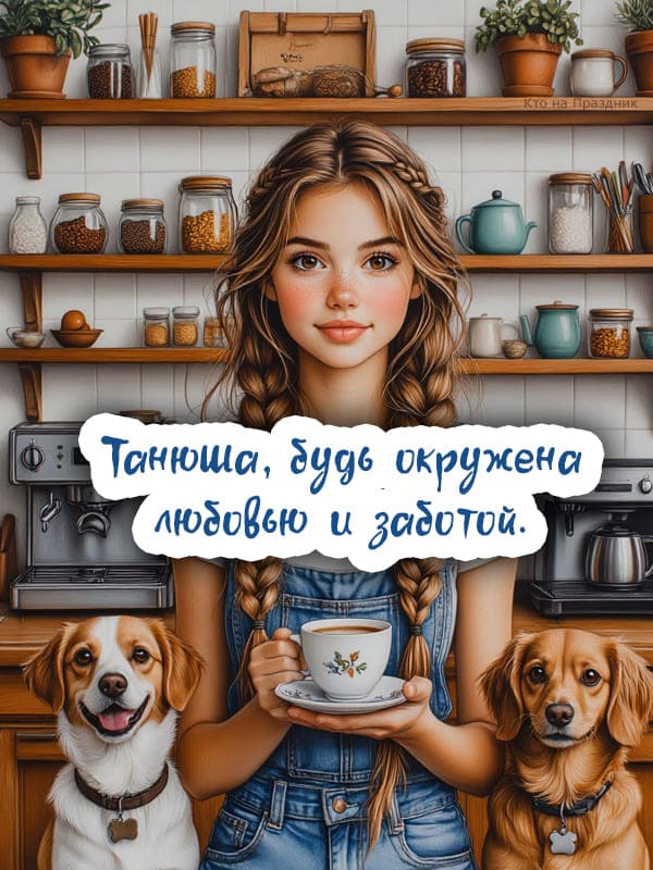 Девушка на кухне с двумя собаками для Тани иллюстрация