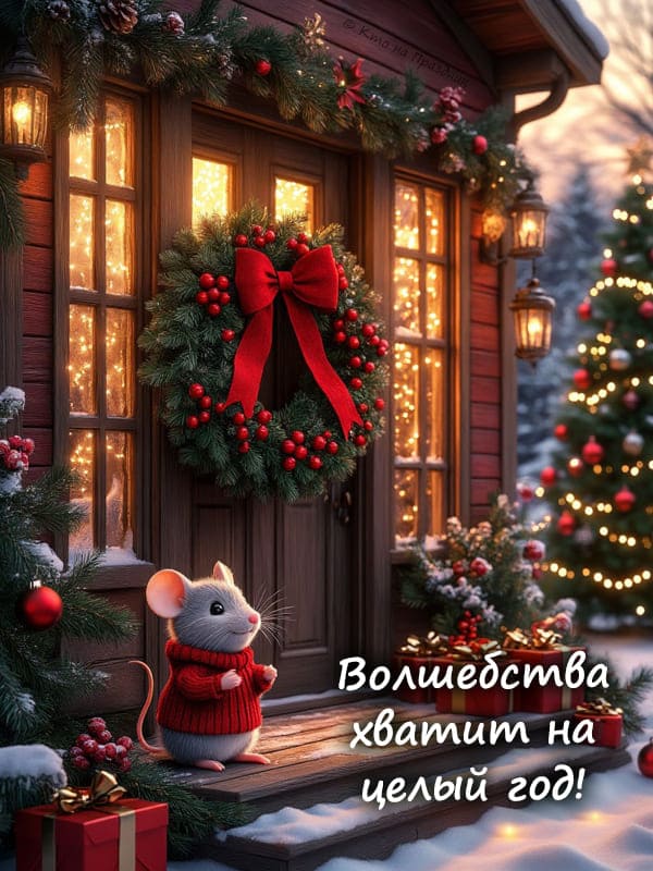 Мышонок стоит на крыльце частного дома венок на Рождество