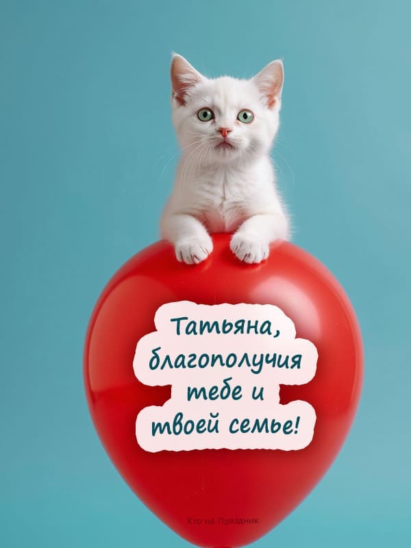 Фото день Тани белый кот на красном шаре