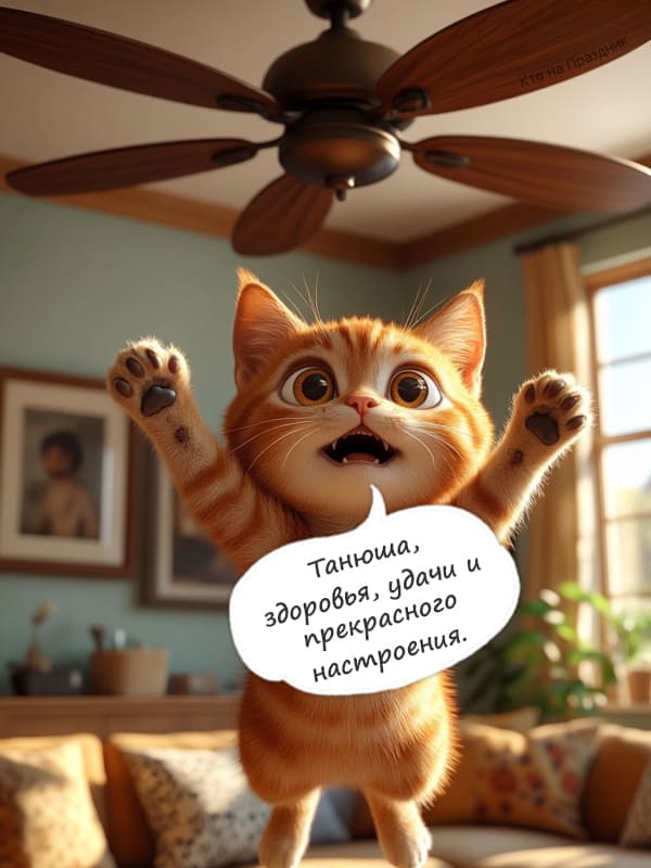 Рыжий кот прыгает с дивана поздравление в день Татьяны
