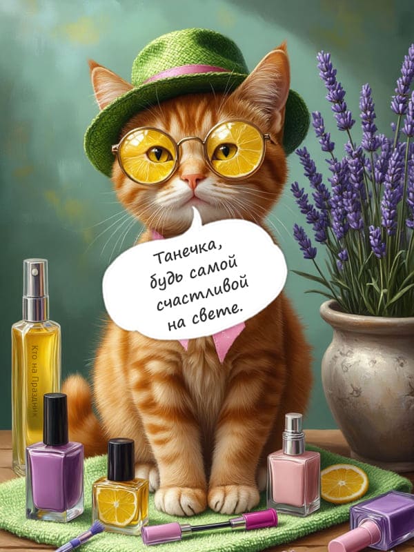 Рыжий кот в очках шляпе среди косметики в день Тани