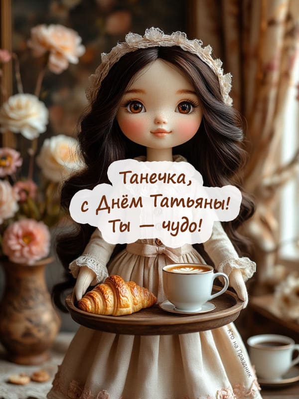 Кукла керамика с подносом круасана и кофе День Тани