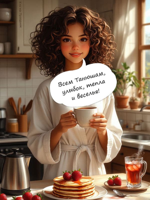 Милая девушка утром за завтраком поздравляют Таню