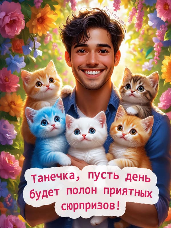 Иллюстрация парень с котятами и цветами день Тани