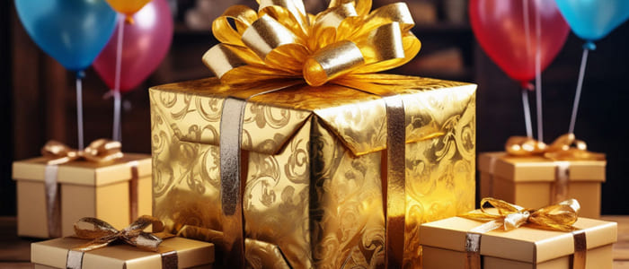 Красивая коробка золотая с подарками на День рождения и воздушные шары