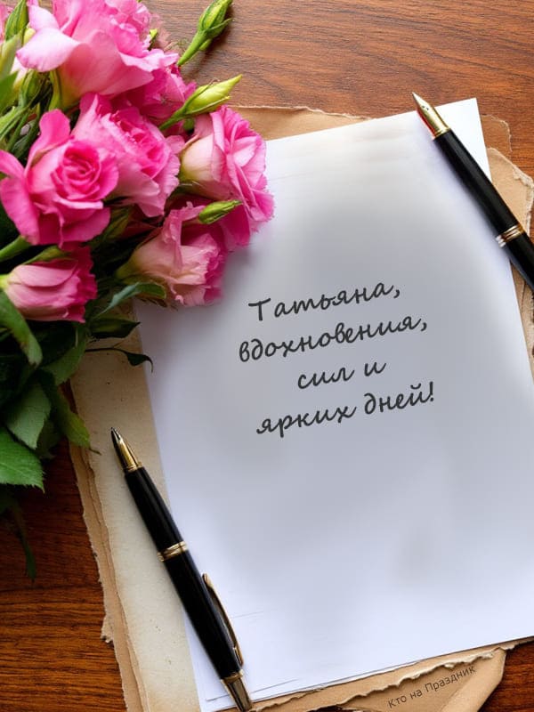 Открытка с поздравлением с цветами и бумага День тани