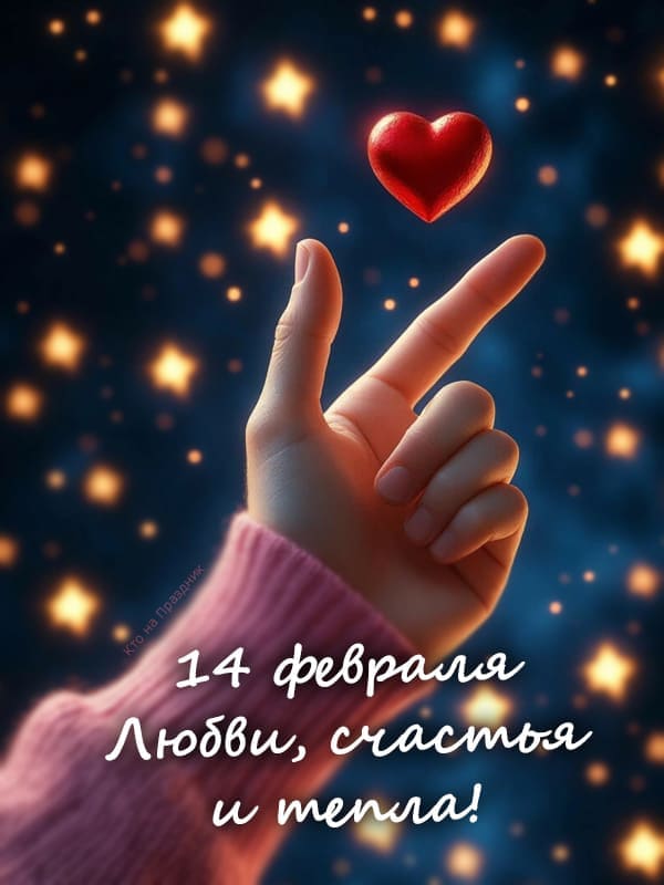 Женская рука старается поймать красное сердце на звёздном небе