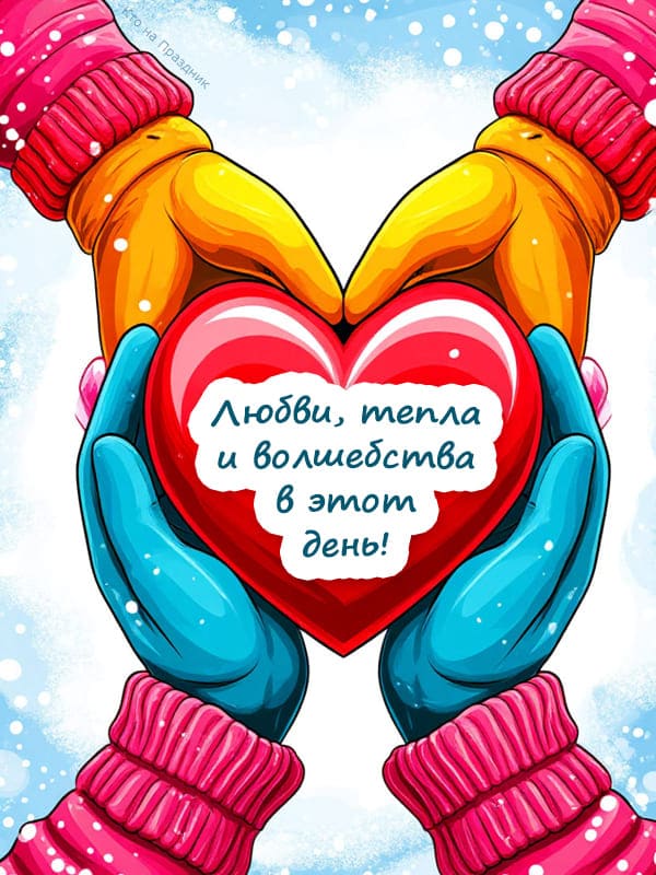 Иллюстрация на 14 февраля с поздравлением руки и сердце в ладошках