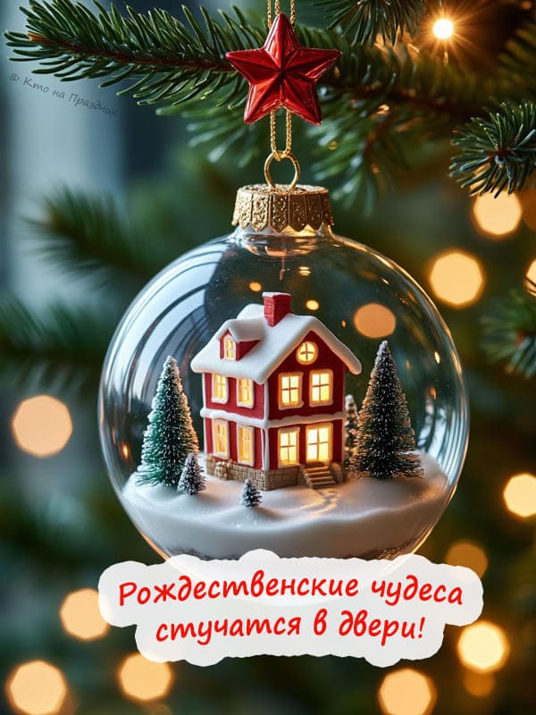 Стеклянный шар игрушка на ветке ёлки внутри домик и снег