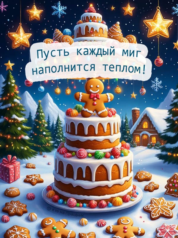 Большой торт, пряжечный человечек, звезды, ёлки на рождество