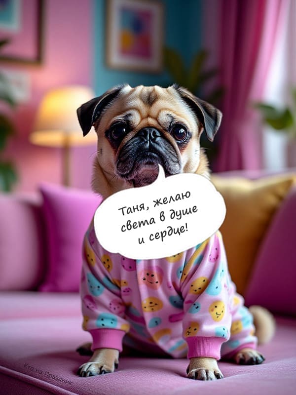 Собака мопс в пижаме поздравляет Татьяну с её праздником