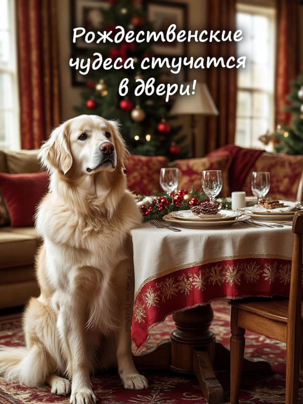 Собака сидит у стола ждёт рождество