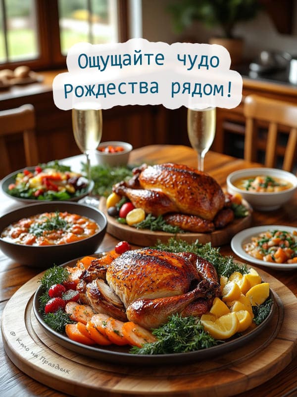 Запечённая курица салаты и рагу на рождественском ужине