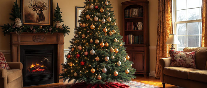 Большая зелёная живая ёлка стоит по середине комнаты рядом камин