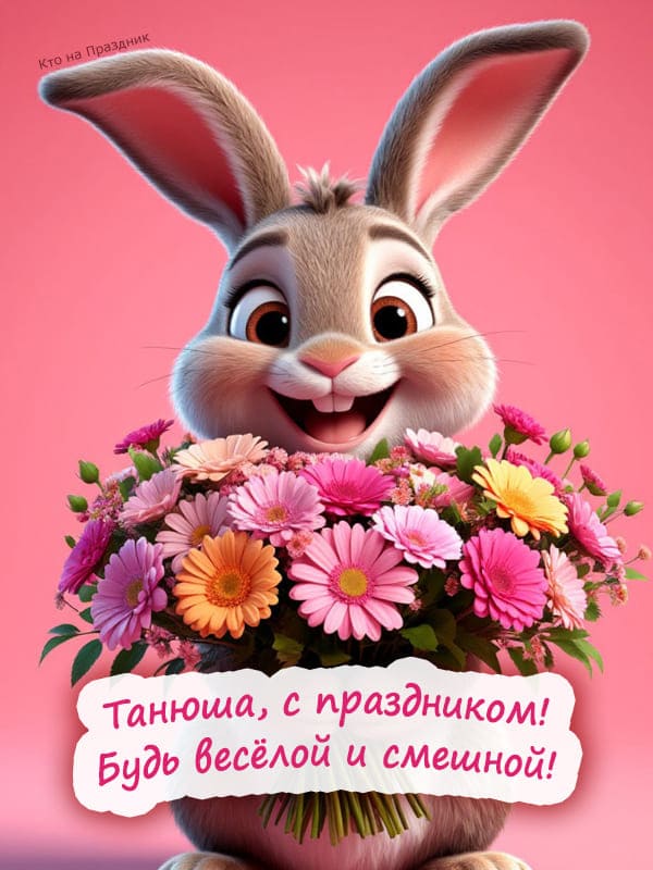 Счастливый заяц с букетом цветом поздравляет Таню