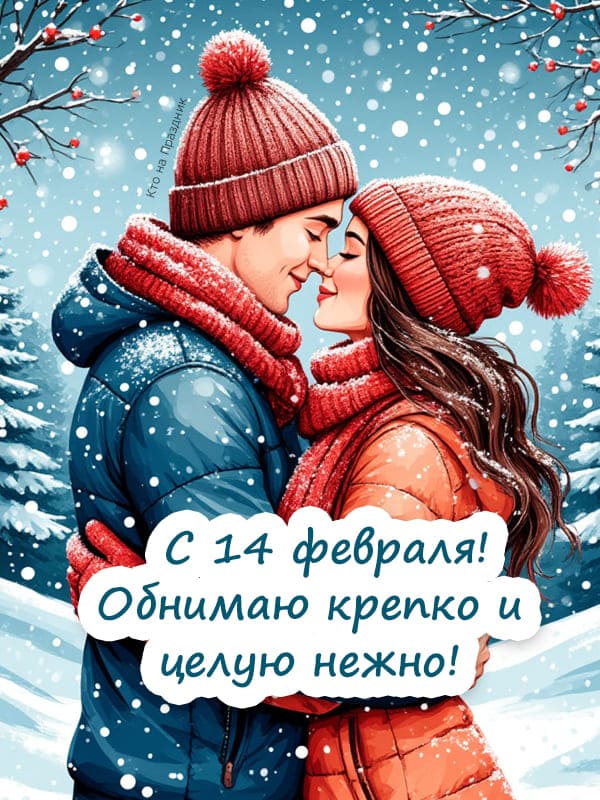 Нарисованная открытка на 14 февраля молодая пара обнимается на фоне снега и леса