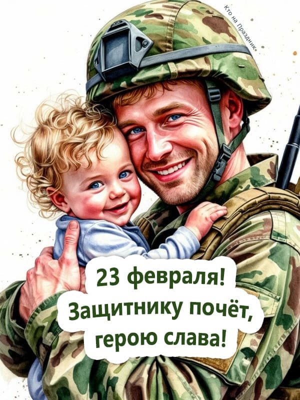 Военный радостный держит ребенка сына карикатура нарисованная картинка на 23 февраля