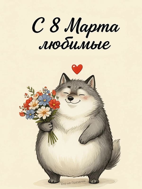 Собака нарисованная с цветами на праздник 8 марта