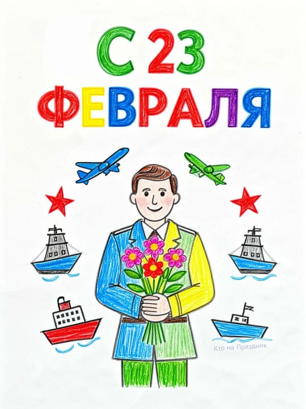 Детская открытка на 23 февраля карандашами мужчина корабли самалёты