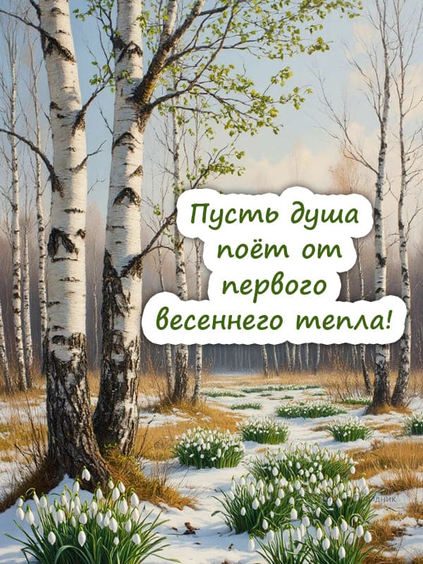 Березы и подснежники в лесу среди снега природа Весна