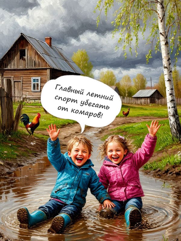 Дети улыбаются и сидят в луже в деревне летом