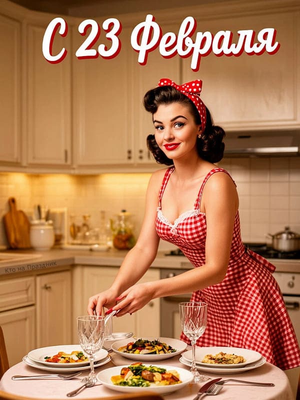 Девушка на кухне готовит на стол ужин 23 февраля Пинап
