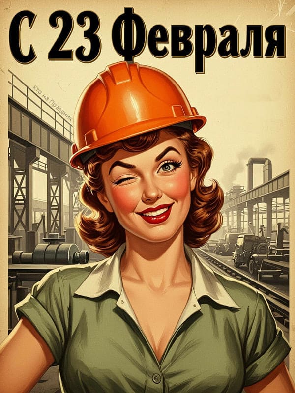 Девушка в оранжевой каске на фоне цеха стиль Пинап