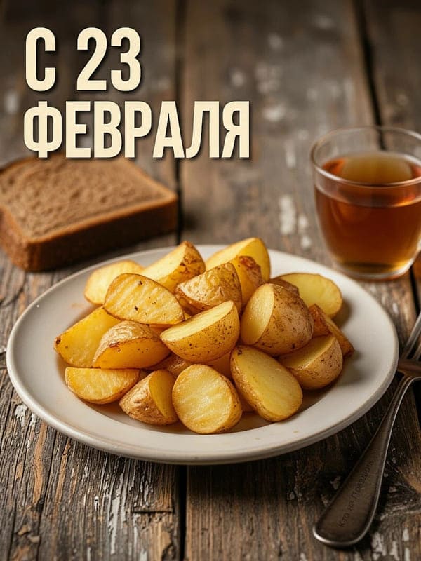 Жареная картошка хлеб и чай на столе 23 февраля