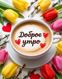 Чашка с кофе и тюльпанами