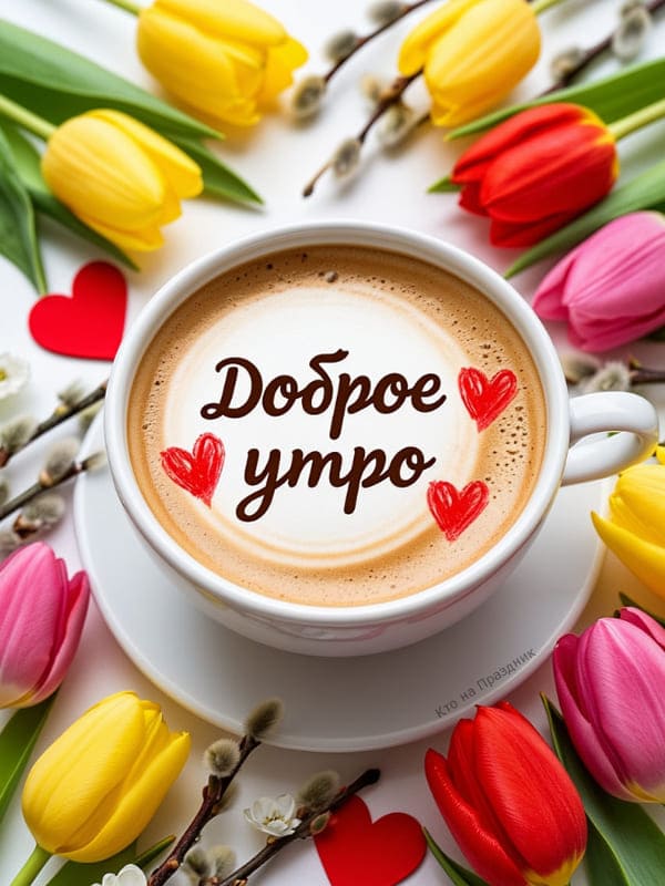 Кружка с кофе написано доброе утро цветы тюльпаны рядом