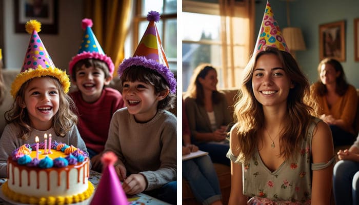 люди в праздничных колпаках на праздник