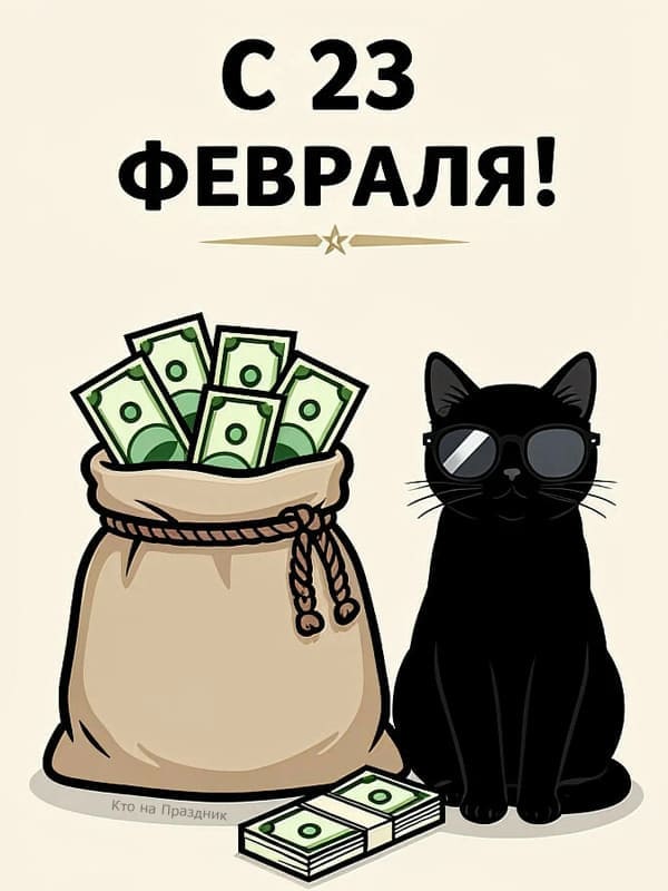 Кот с деньгами открытка картинка на 23 февраля