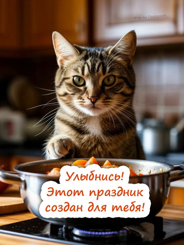 Серый кот на кухне готовит овощи на 8 марта