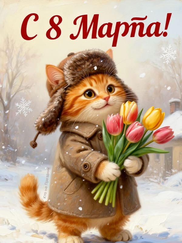 Котик держит тюльпаны на 8 марта открытка в стиле ссср