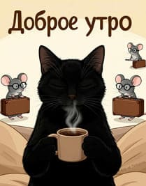 Черный кот иллюстрация с кофе