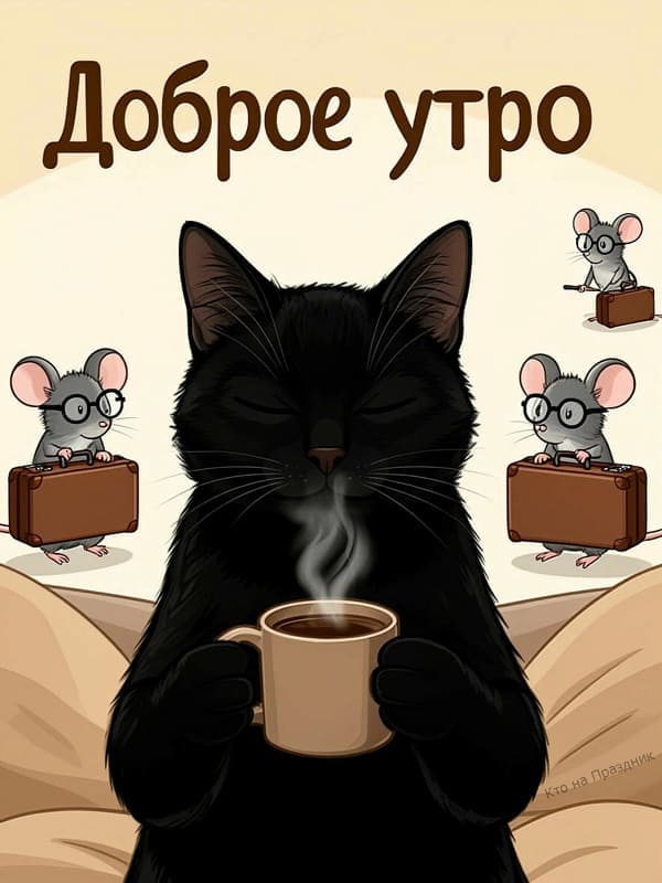 Картинка чёрный кот нюхаем пар от чашки кофе мышки с чемоданами