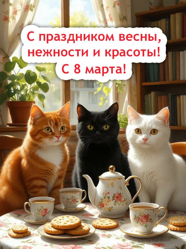 Коты черный, белый и рыжий сидят за столом