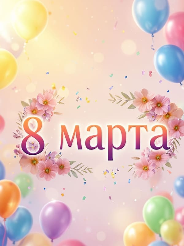 Нежная 8 марта открытка цветочки и воздушные шары по бокам