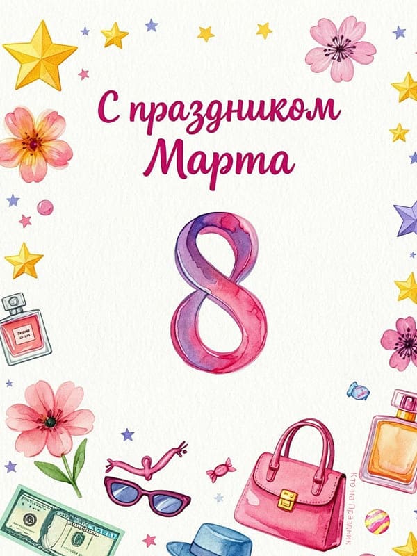 Акварель картинка на 8 марта цифра, духи, деньги, сумка и цветы