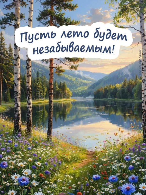 Тропинка к озеру берёзы цветы и высокие горы