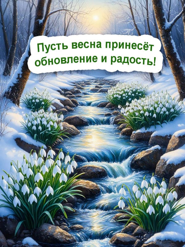 Подснежники растут среди ручья в лесу зима и весна карикатура