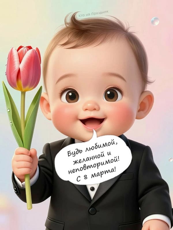 Мальчик красивый ребёнок в костюме нарисованный с тюльпаном в руке