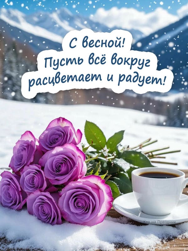Фиолетовые розы на фоне зимы и чашка чая картинка весны