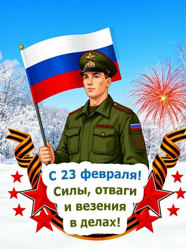 Молодой парень солдат нарисованная открытка на 23 февраля салют, флаг России