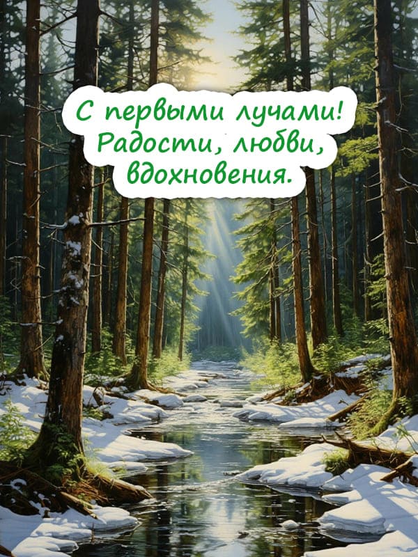 Капель ручей и тает снег в зелёном лесу среди елей и ёлок