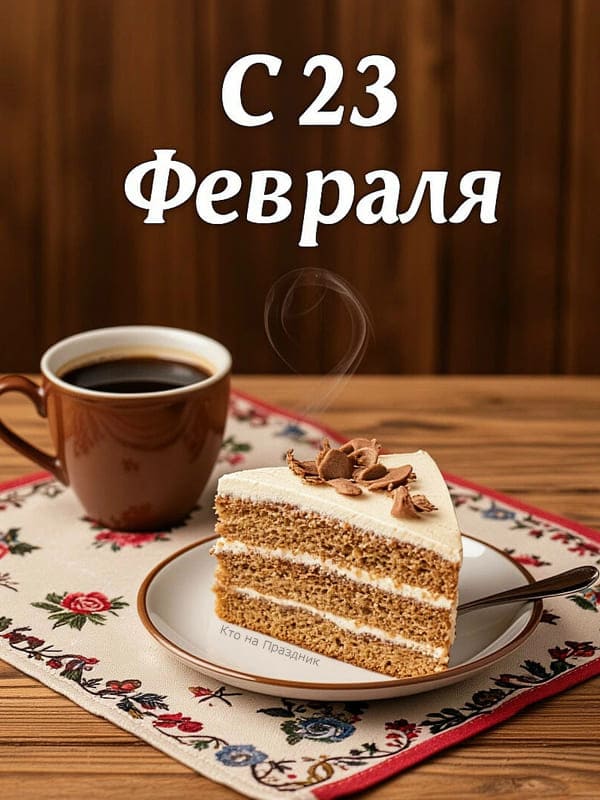 Открытка 23 февраля кусочек торта на столе и кофе