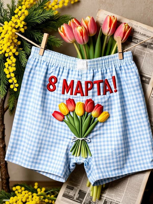 Трусы боксёры мужские открытка на 8 марта с тюльпанами